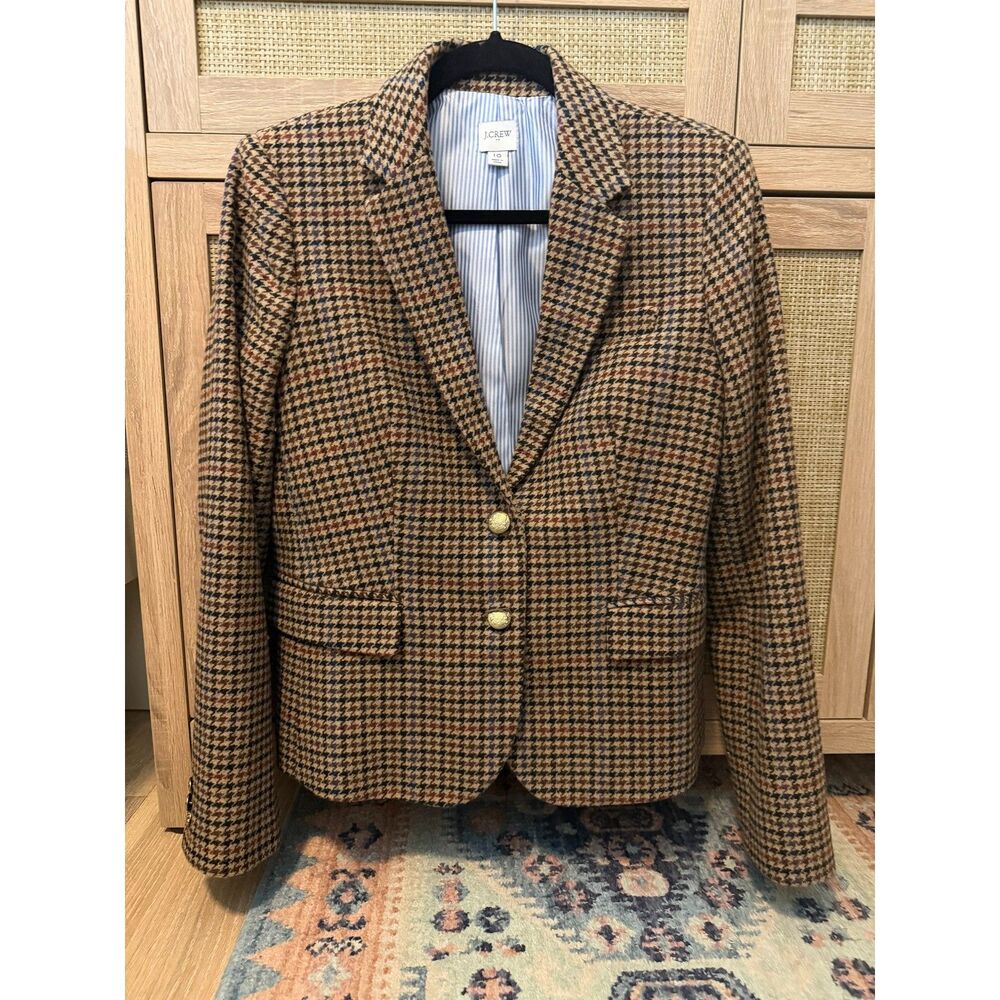 J.Crew Houndstooth Wool Blend Blazer Gold Crest Buttons Camel Multi Size 10 🍂